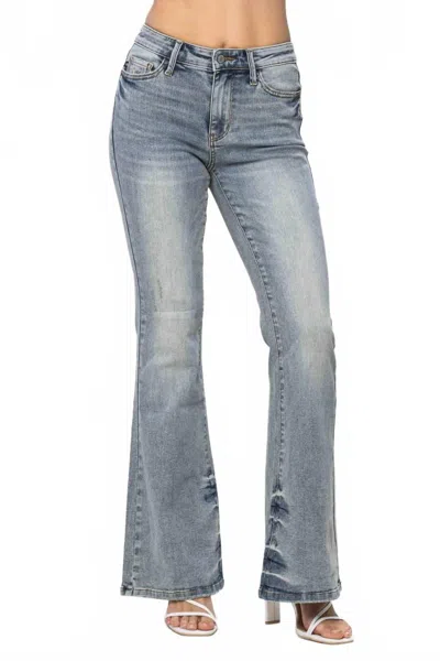 Judy Blue Mid Rise Tinted Pin Tack Detailed Flare Jean In Light Wash In Blue