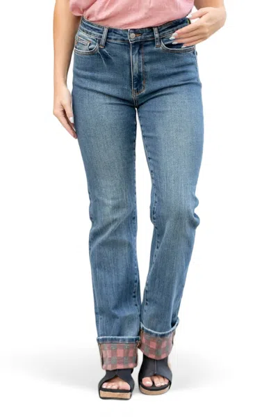 Judy Blue Plaid Cuff Straight Leg Jean In Medium Wash In Multi