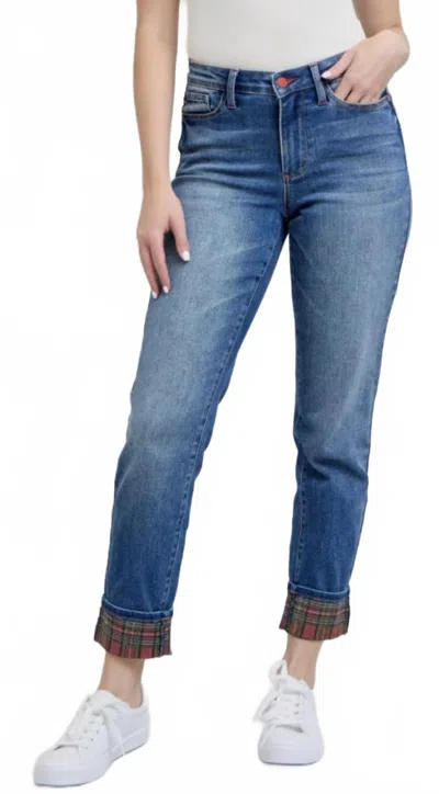 Judy Blue Plaid Print Cuff Boyfriend Jean In Blue