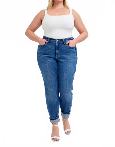 Judy Blue Plus Mid-rise Boyfriend Jeans With Cuff In Vintage Wash In Blue