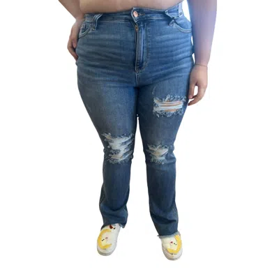Judy Blue Plus Size High Waist Distressed Fray Hem Bootcut In Med Blue In Multi