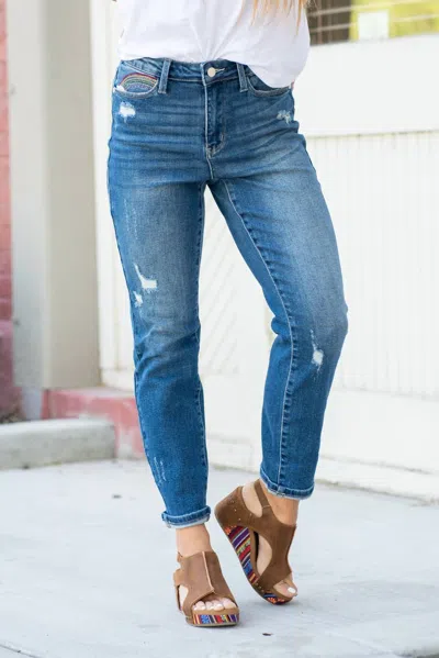 Judy Blue Rainbow Embroidered Cropped Straight Leg Jeans In Medium Wash Denim In Multi