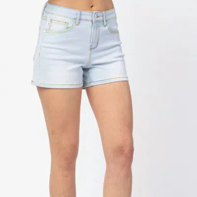 Judy Blue Rainbow Thread Mid Rise Short In Blue