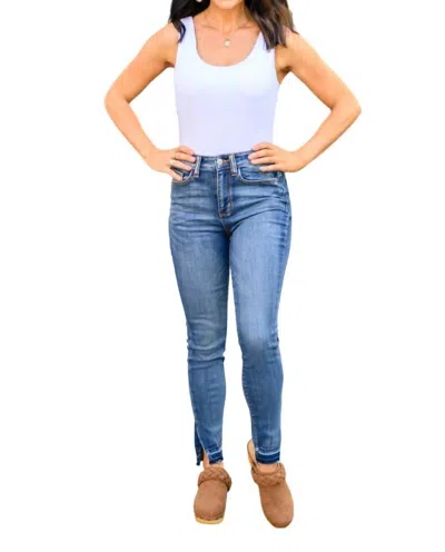 Judy Blue Released Hem Side Slit Skinnies Jeans In Medium Wash In Multi