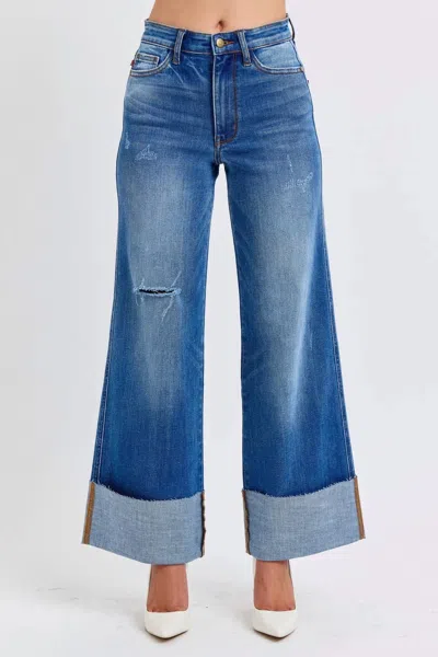 Judy Blue Retro Wide Leg With Cuff Jeans In Medium Denim In Blue