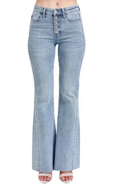 Judy Blue Rhinestone Detail Flare Jeans In Light Wash In Blue
