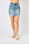 Judy Blue High Waist Rigid Magic Destroy Denim Skirt In Blue In Multi