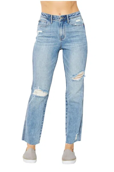 Judy Blue Rigid Magic Destroyed Straight Leg Jean In Light Wash In Blue