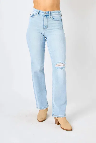 Judy Blue Rip Back High Rise Straight Jeans In Light Blue
