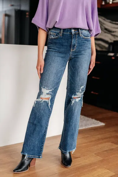Judy Blue Rose High Rise 90's Straight Jeans In Dark Wash In Blue