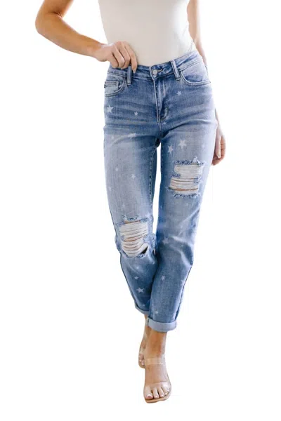 Judy Blue Star Crossed Boyfriend Jeans In Medium Wash In Multi