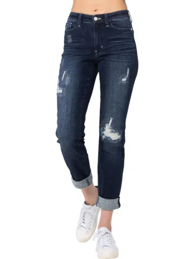 JUDY BLUE STITCHED DESTROY & DOUBLE CUFF BOYFRIEND JEANS IN BLUE