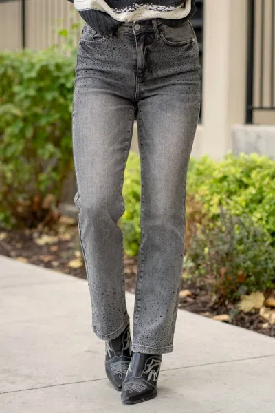 Judy Blue Straight Leg Rhinestone Jeans In Washed Grey In Multi