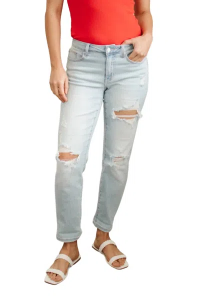 Judy Blue Super Light Destroyed Boyfriend Jeans In Light Wash In Blue