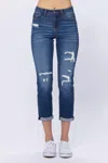 Judy Blue Thermal Patch Boyfriend Jeans In Medium Wash Blue In Multi
