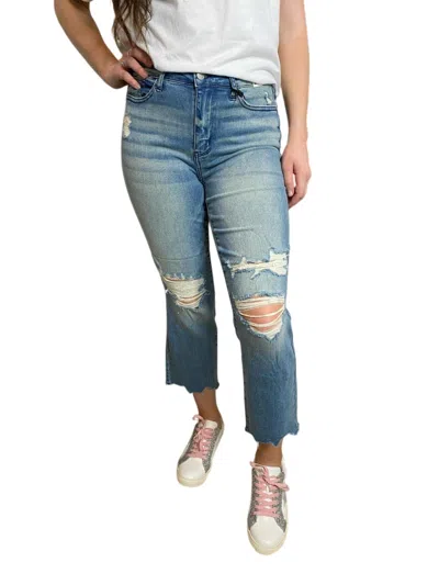 Judy Blue Tinted Wash & Destroyed Cropped Straight Jeans In Blue