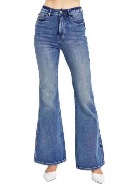 Judy Blue Tummy Control Contrast Wash Flare Jeans In Medium Wash In Multi