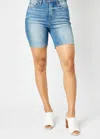 Judy Blue High Waist Tummy Control Double Button Bermuda Denim Short In Blue In Blue