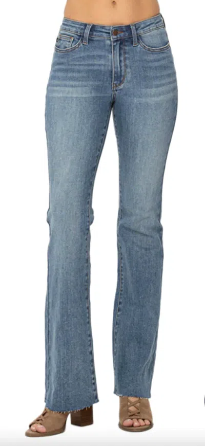 Judy Blue Tummy Control Mid Rise Cut Hem Flare Jeans In Vintage Wash In Blue