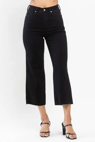 Judy Blue Tummy Control Raw Hem Crop Wide Leg Jeans In Black