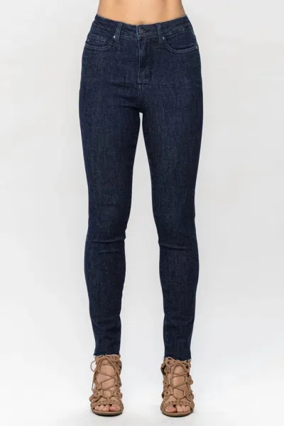 Judy Blue Tummy Control Raw Hem Skinny Jean In Super Dark Wash In Multi