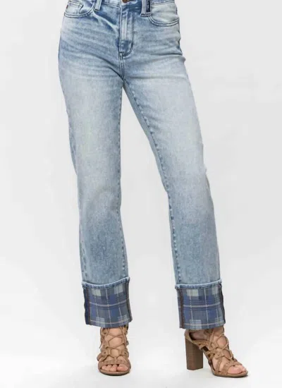 Judy Blue Vintage Plaid Cuff Straight Leg Jean In Mid-blue