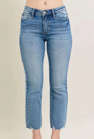Judy Blue Vintage Wash Destroy Hem Kick Flare Jeans In Denim In Blue