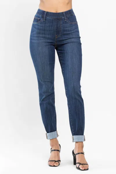 Judy Blue Waist Pull On Slim Fit Cuffed Jeans In Dark Wash In Blue