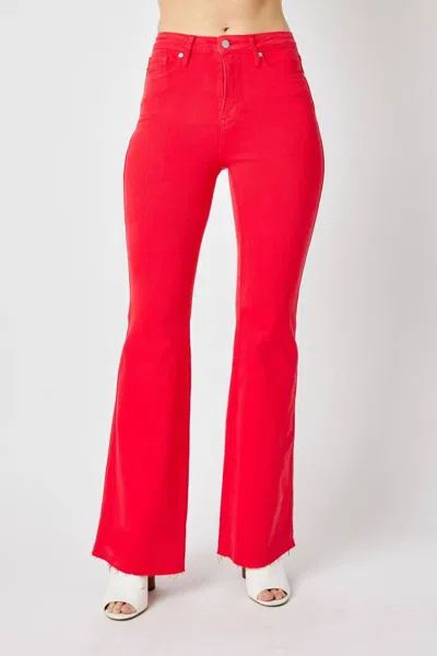 Judy Blue Waist Tummy Control Garment Flare Denim Jeans In Dyed Red