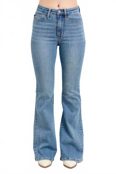 Judy Blue Western Embroidered Flare Jeans In Medium Wash In Blue
