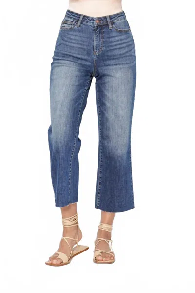 Judy Blue Wide Leg Crop With Back Pocket Embroidery Jeans In Blue