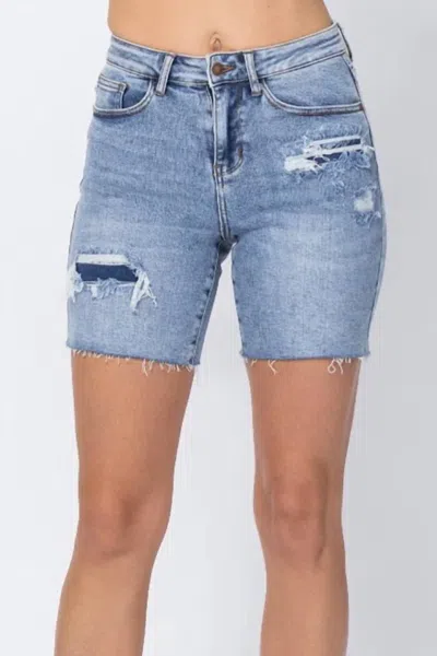 Judy Blue Women's Ariel Denim Patch High Rise Mid Length Shorts In Blue