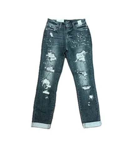 Judy Blue Women Bridgeport Bleach Splatter Boyfriend Jeans In Black In Blue