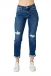 Judy Blue Mid Rise Destroy Slim Jeans In Dark Wash In Blue