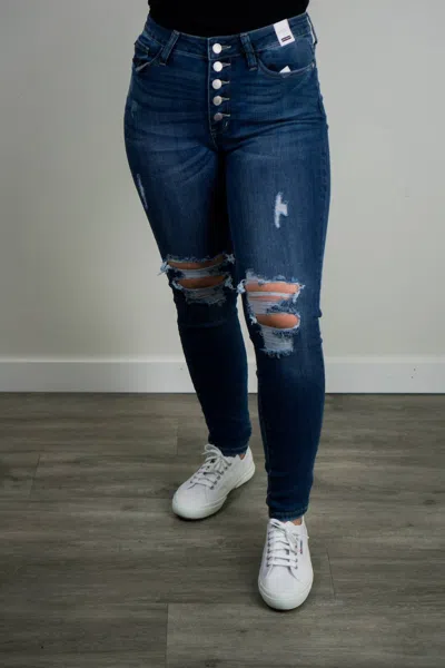 Judy Blue Women's High Rise Button Fly Cuffed Skinny Jeans In Dark In Blue