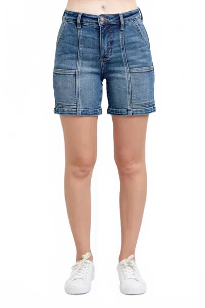 Judy Blue Women's High Waist Utility Mid Length Jean Shorts In Medium In Blue