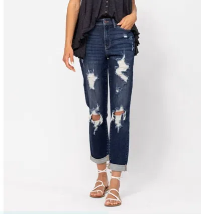 Judy Blue Women's Krystal Destroyed Cuffed Boyfriend Jeans In Dark Wash In Blue