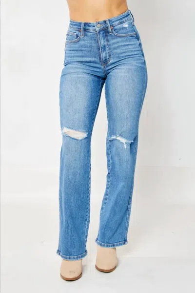 Judy Blue Women's Leo Tummy Control Destroy Knee Straight Denim Jeans In Medium Wash In Blue