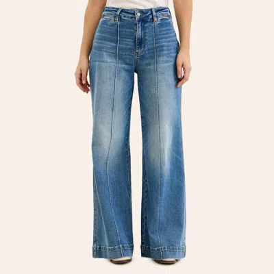Judy Blue Women's Liza Palazzo Medium Wash Pintuck Seam Wide Leg Jeans In Stonewash Blue