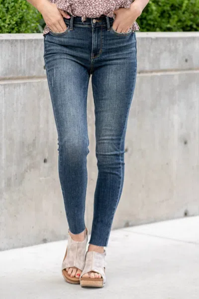 Judy Blue Women's Mid Rise Vintage Raw Hem Skinny Jeans In Vintage Dark Wash In Blue