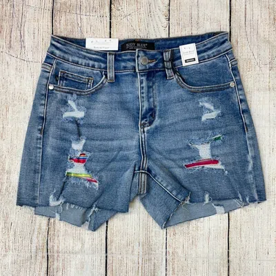 Judy Blue Women's Mid-rise Serape Patch Destroyed Shorts In Blue