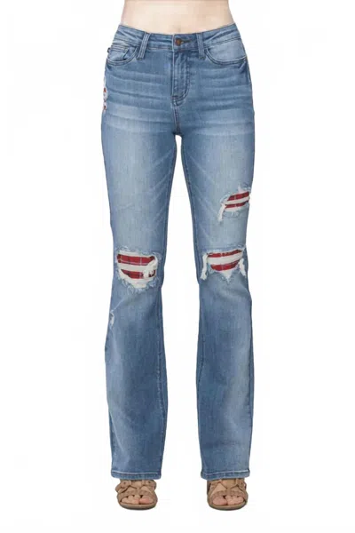 Judy Blue Women's Mr Plaid Patch Detail Bootcut Jeans In Blue In Brown