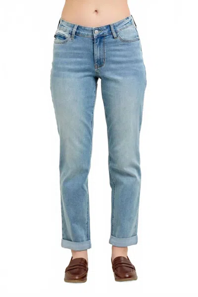 Judy Blue Women's Wilma V-front Cool Denim Cuff Boyfriend Jeans In Blue In Multi