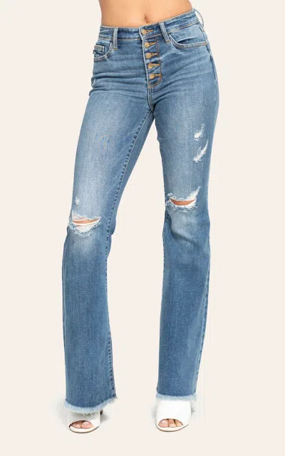 Judy Blue Womenâ€™s Mid Rise Dark Wash Button Fly Flare Jeans In Blue