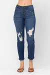 JUDY BLUE ZIGZAG BUTTON FLY BOYFRIEND JEAN IN DARK WASH