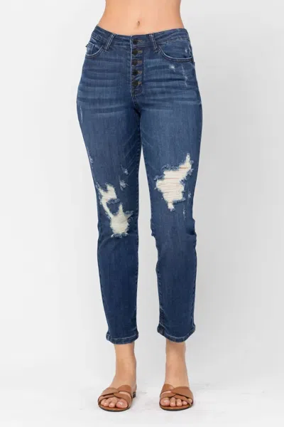 Judy Blue Zigzag Button Fly Boyfriend Jean In Dark Wash In Blue