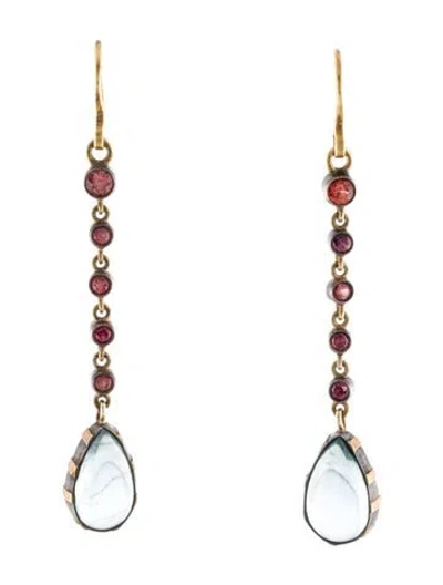 Pre-owned Judy Geib Ruby & Aquamarine Drop Earrings In Multi
