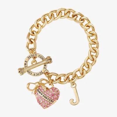 Juicy By Juicy Couture Gold Tone Toggle Womens Pink Crystal Bow Heart Charm Bracelet