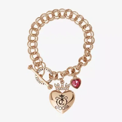 Juicy By Juicy Couture Gold Tone Toggle Womens Pink Crystal Crown Heart Charm Bracelet