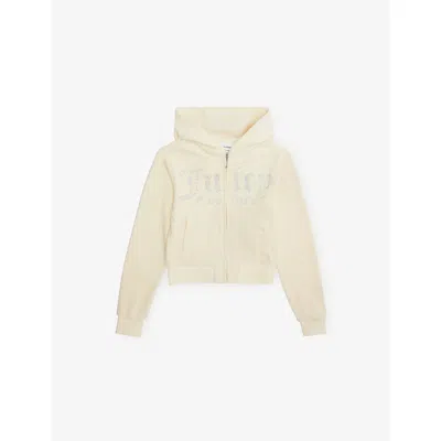 Juicy Couture Kids' Almond Oil Diamanté-logo Zip-up Velour Hoody 7-16 In Neutral